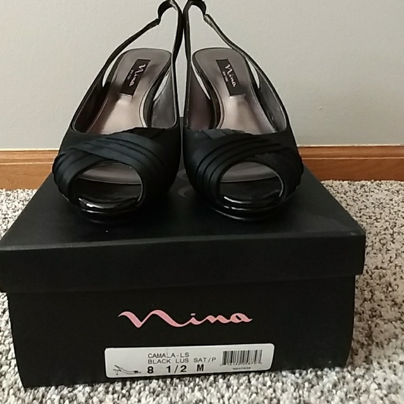 Black satin formal peep toe sandals - Picture 1 of 3
